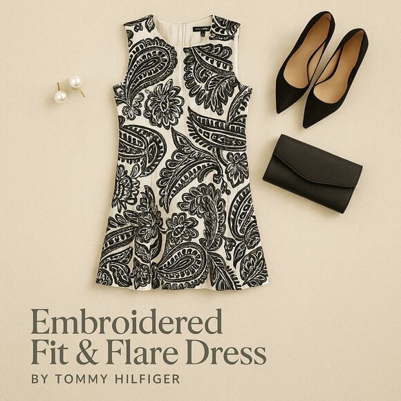 Tommy Hilfiger Embroidered Fit & Flare Midi Dress 10 | Black White A-Line Lined - Picture 1 of 16